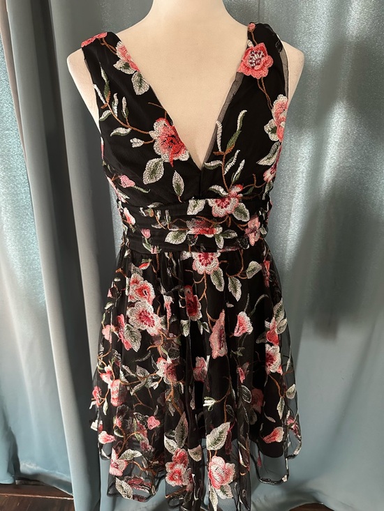 AQUA Luxe Dresses & Skirts - AQUA Luxe Black Embroidered Floral Mesh Dress Small V-Neck Fit & Flare